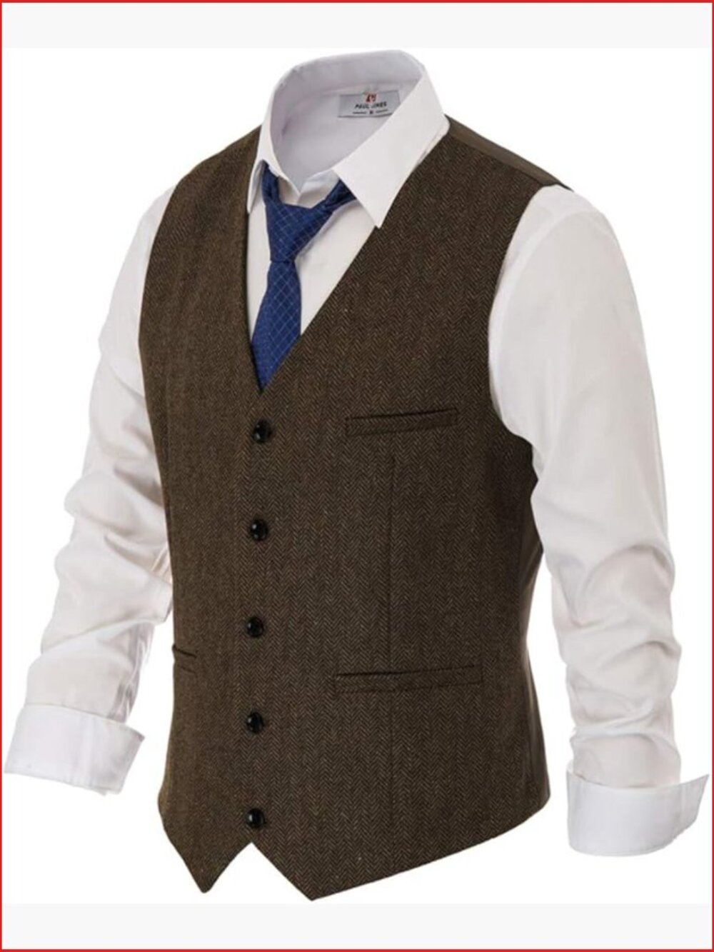 Men's Slim Fit Herringbone Tweed Suit Vest Wool Blend V-Neck 5 Button Waistcoat